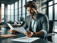 DALLC2B7E-2023-12-18-12.57.45-Create-a-highly-realistic-image-of-a-man-sitting-in-a-modern-office-setting-intently-looking-at-two-documents-in-his-hands.-The-man-is-of-Caucasian-d.png